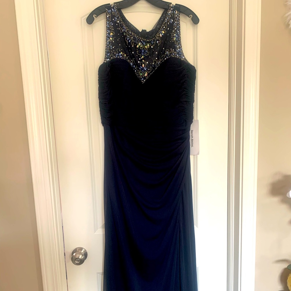 New Navy/black rushed dress, top has multicolor beading in front and back.